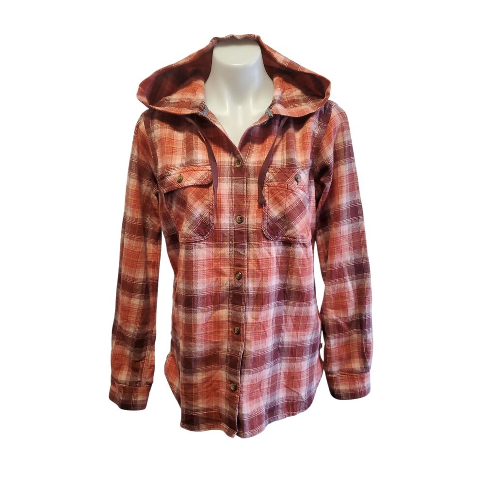 Carhartt Womens Hooded Redwood Plaid Button Up Long Sleeve Work Shirt Med